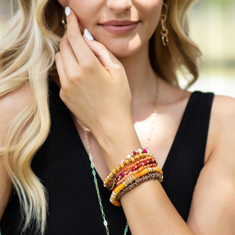 Mango Tango Boho Multi Stacked Mixed Bead Beaded Stretch Bracelet - Picture 4 of 5